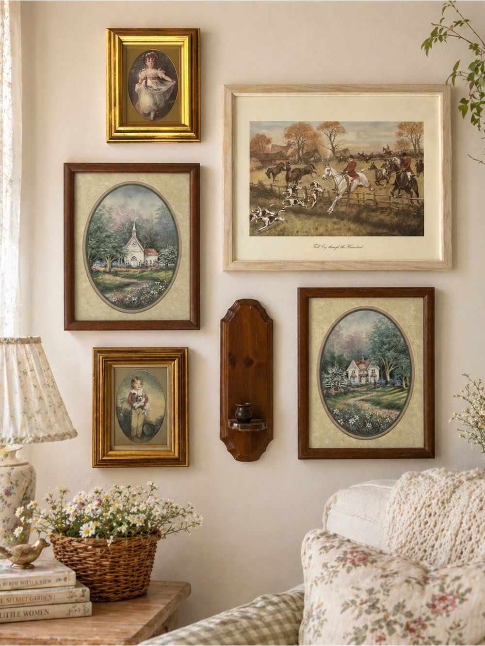 Vintage Gallery Wall Art Lot Starter Curated Frames 6 Pieces Equestrian Cottage